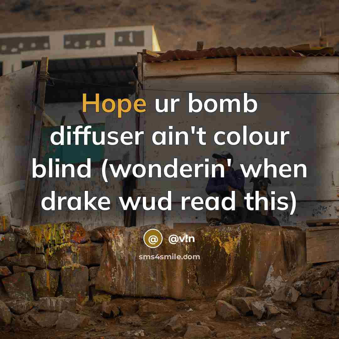 “Hope ur bomb diffuser ain't colour blind (wonderin' when drake wud read this)” quote by @v!n