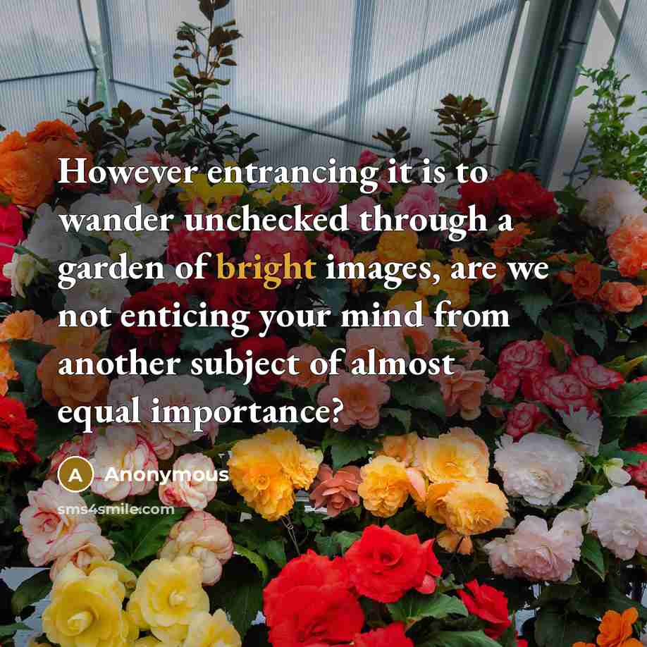 “However entrancing it is to wander unchecked through a garden of bright images, are we not enticing your mind from another subject of almost equal importance?” quote by Anonymous