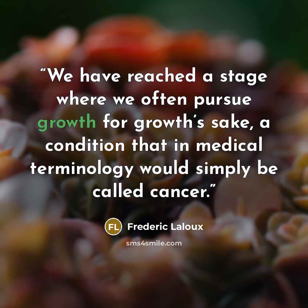 “We have reached a stage where we often pursue growth for growth’s sake, a condition that in medical terminology would simply be called cancer.” quote by Frederic Laloux