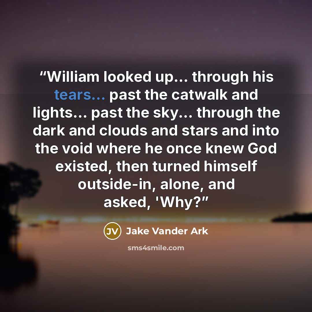 “William looked up... through his tears... past the catwalk and lights... past the sky... through the dark and clouds and stars and into the void where he once knew God existed, then turned himself outside-in, alone, and asked, 'Why?” quote by Jake Vander Ark