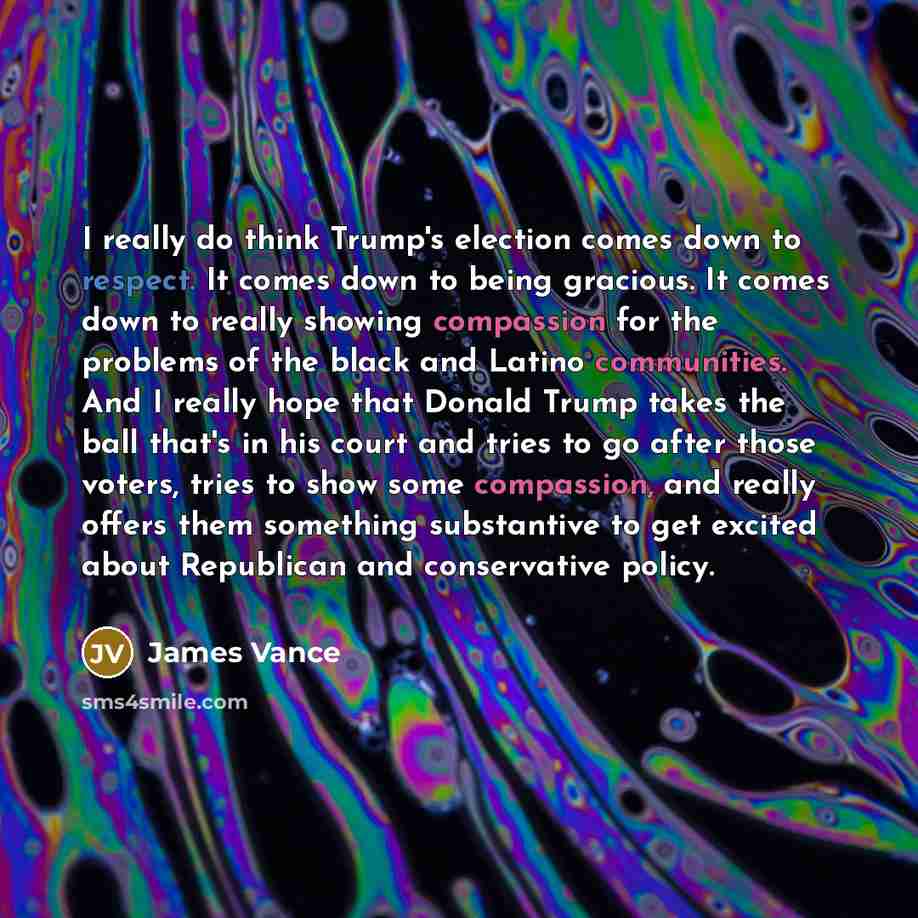 “I really do think Trump's election comes down to respect. It comes down to being gracious. It comes down to really showing compassion for the problems of the black and Latino communities. And I really hope that Donald Trump takes the ball that's in his court and tries to go after those voters…” quote by James Vance