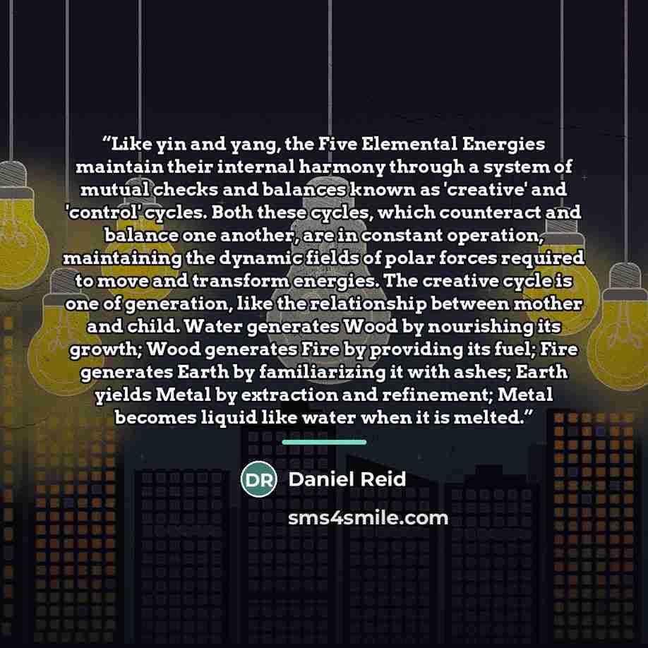“Like yin and yang, the Five Elemental Energies maintain their internal harmony through a system of mutual checks and balances known as 'creative' and 'control' cycles. Both these cycles, which counteract and balance one another, are in constant operation, maintaining the dynamic fields of polar…” quote by Daniel Reid