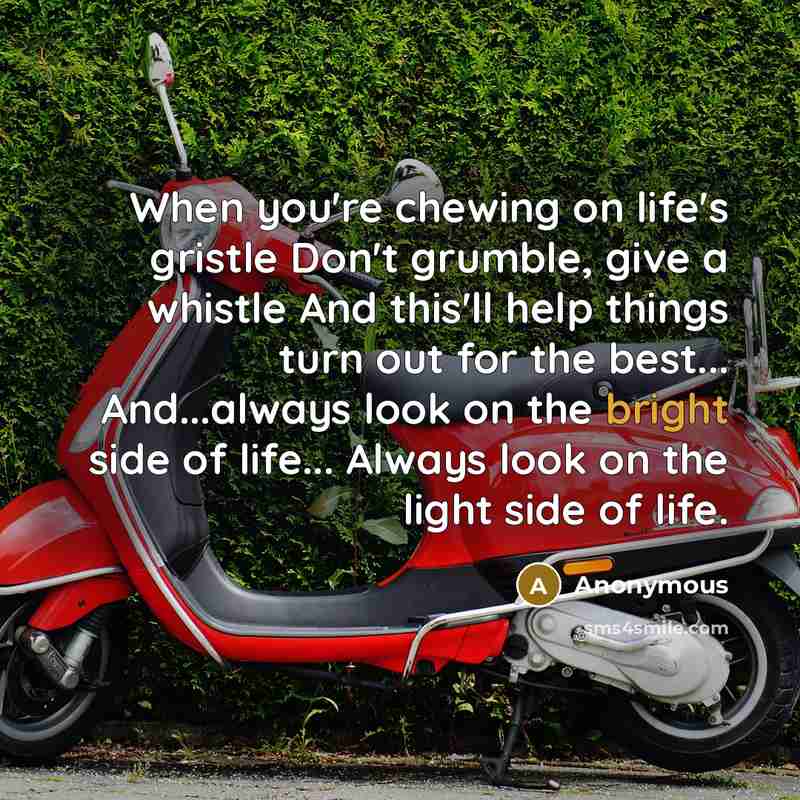 “When you're chewing on life's gristle Don't grumble, give a whistle And this'll help things turn out for the best... And...always look on the bright side of life... Always look on the light side of life.” quote by Anonymous
