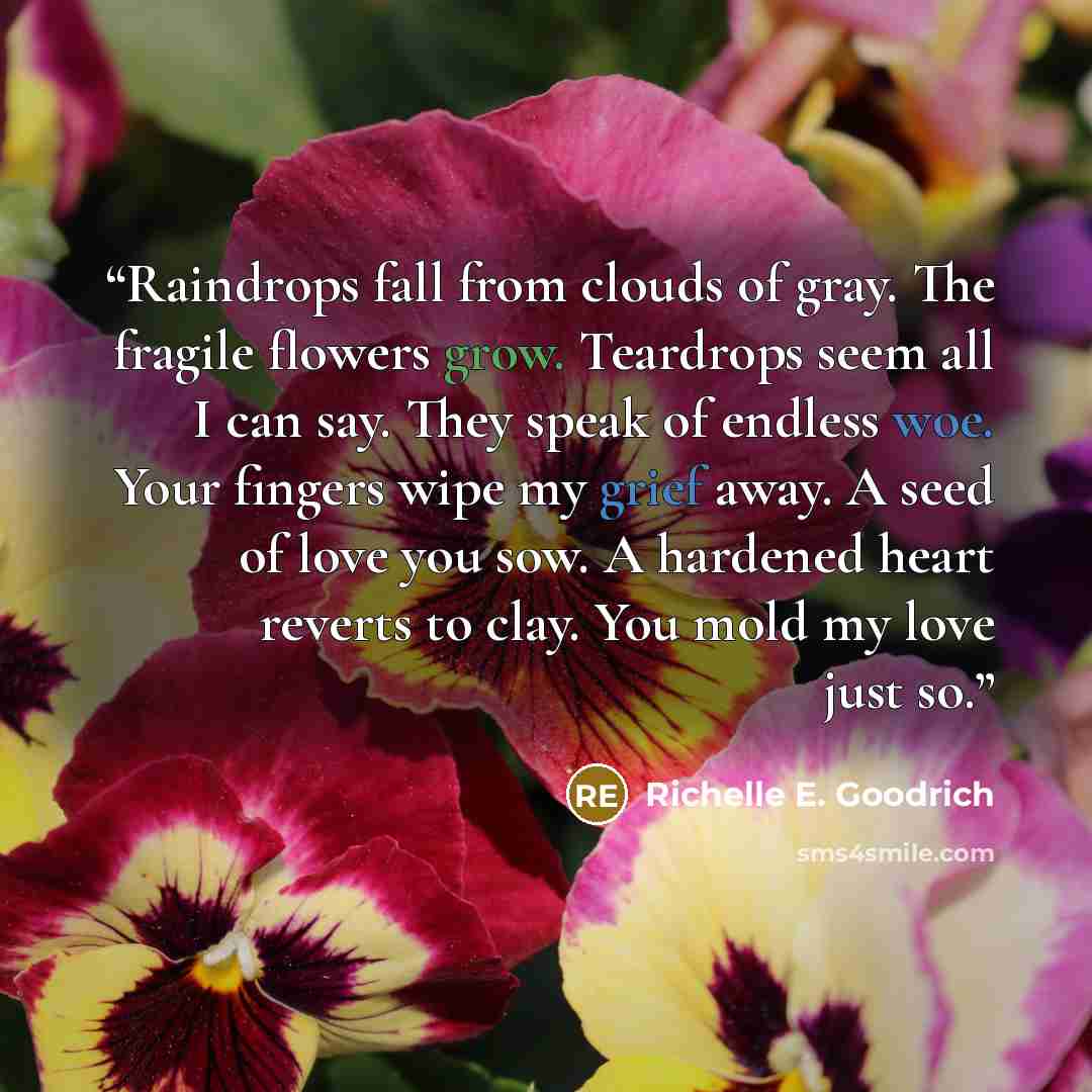 “Raindrops fall from clouds of gray. The fragile flowers grow. Teardrops seem all I can say. They speak of endless woe. Your fingers wipe my grief away. A seed of love you sow. A hardened heart reverts to clay. You mold my love just so.” quote by Richelle E. Goodrich