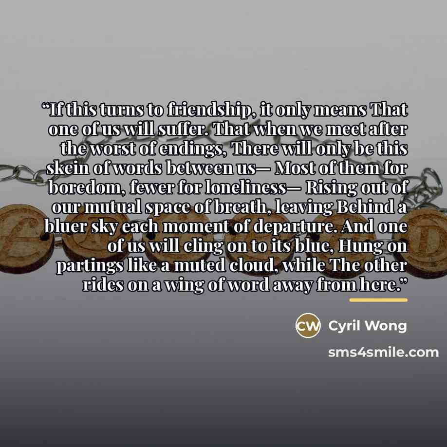 “If this turns to friendship, it only means That one of us will suffer. That when we meet after the worst of endings, There will only be this skein of words between us— Most of them for boredom, fewer for loneliness— Rising out of our mutual space of breath, leaving Behind a bluer sky each moment…” quote by Cyril Wong