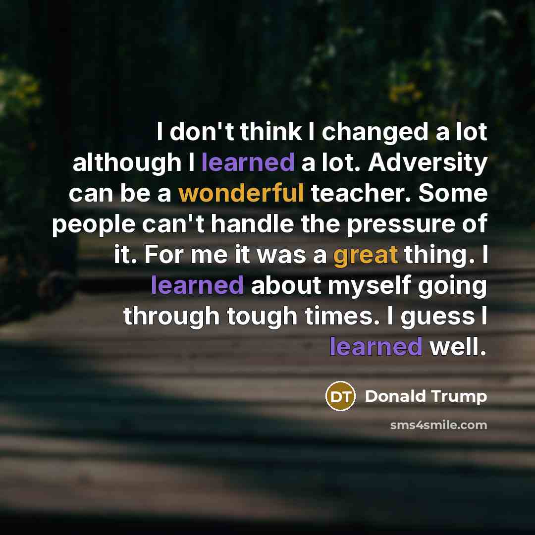 “I don't think I changed a lot although I learned a lot. Adversity can be a wonderful teacher. Some people can't handle the pressure of it. For me it was a great thing. I learned about myself going through tough times. I guess I learned well.” quote by Donald Trump