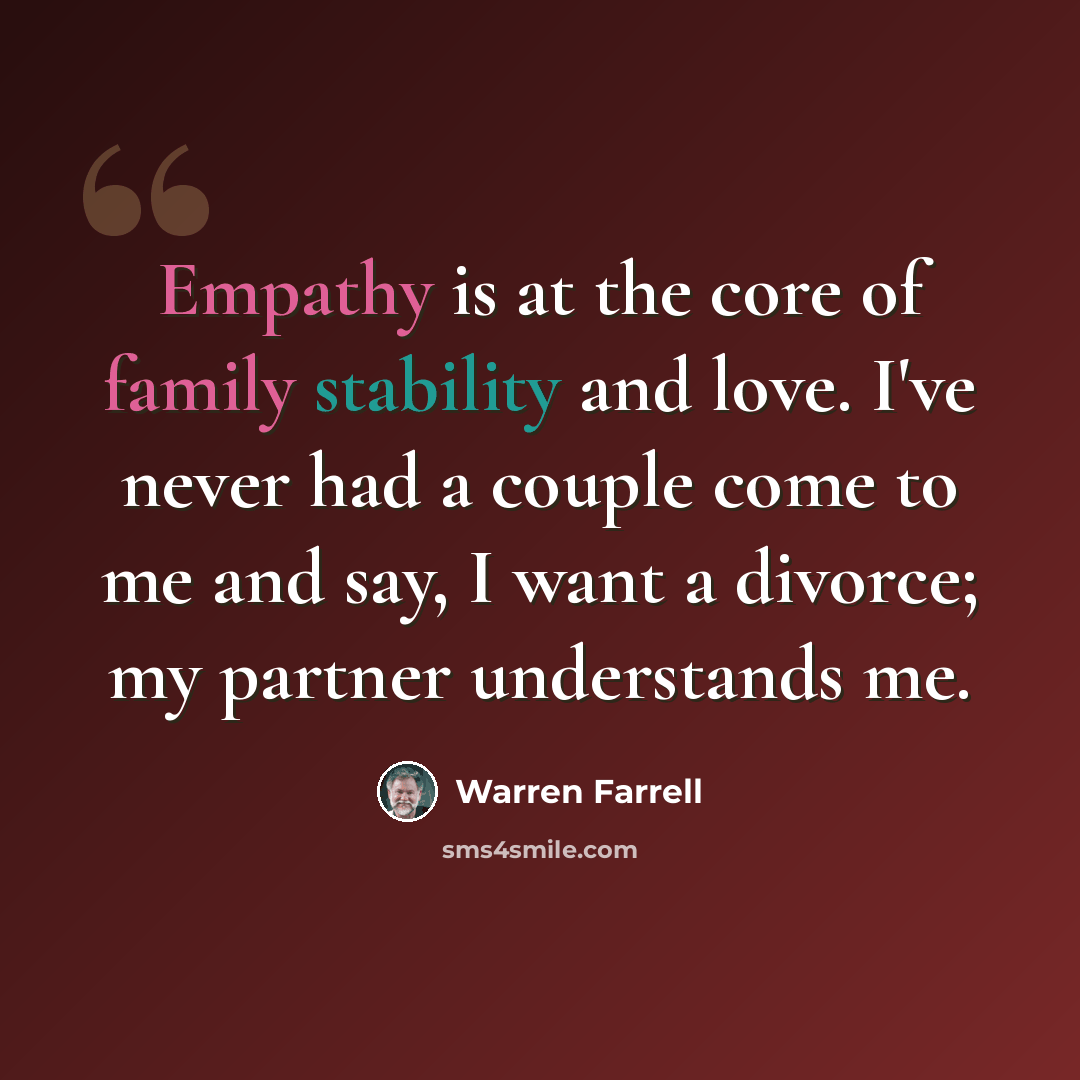 “Empathy is at the core of family stability and love. I've never had a couple come to me and say, I want a divorce; my partner understands me.” quote by Warren Farrell
