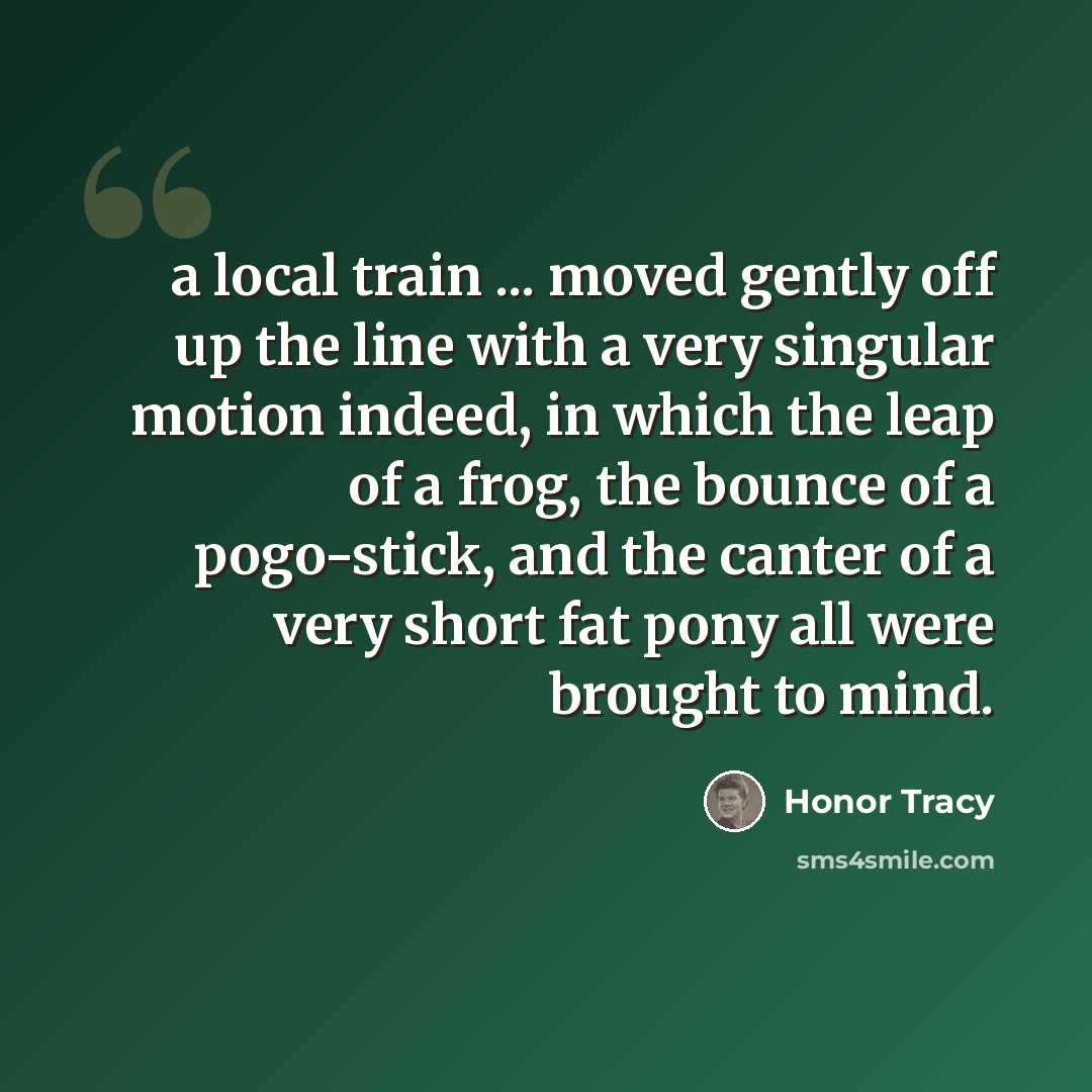 “a local train ... moved gently off up the line with a very singular motion indeed, in which the leap of a frog, the bounce of a pogo-stick, and the canter of a very short fat pony all were brought to mind.” quote by Honor Tracy