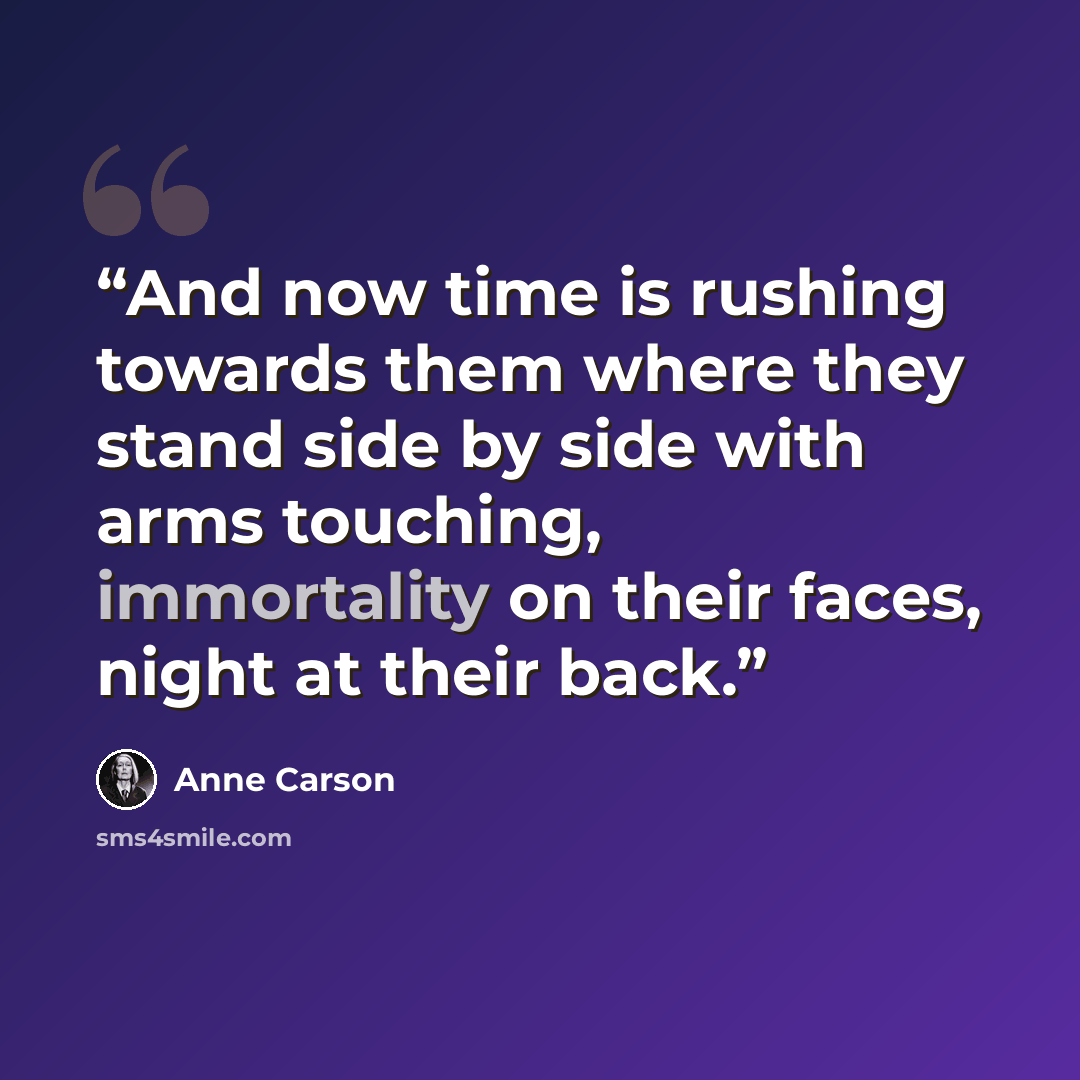 “And now time is rushing towards them where they stand side by side with arms touching, immortality on their faces, night at their back.” quote by Anne Carson