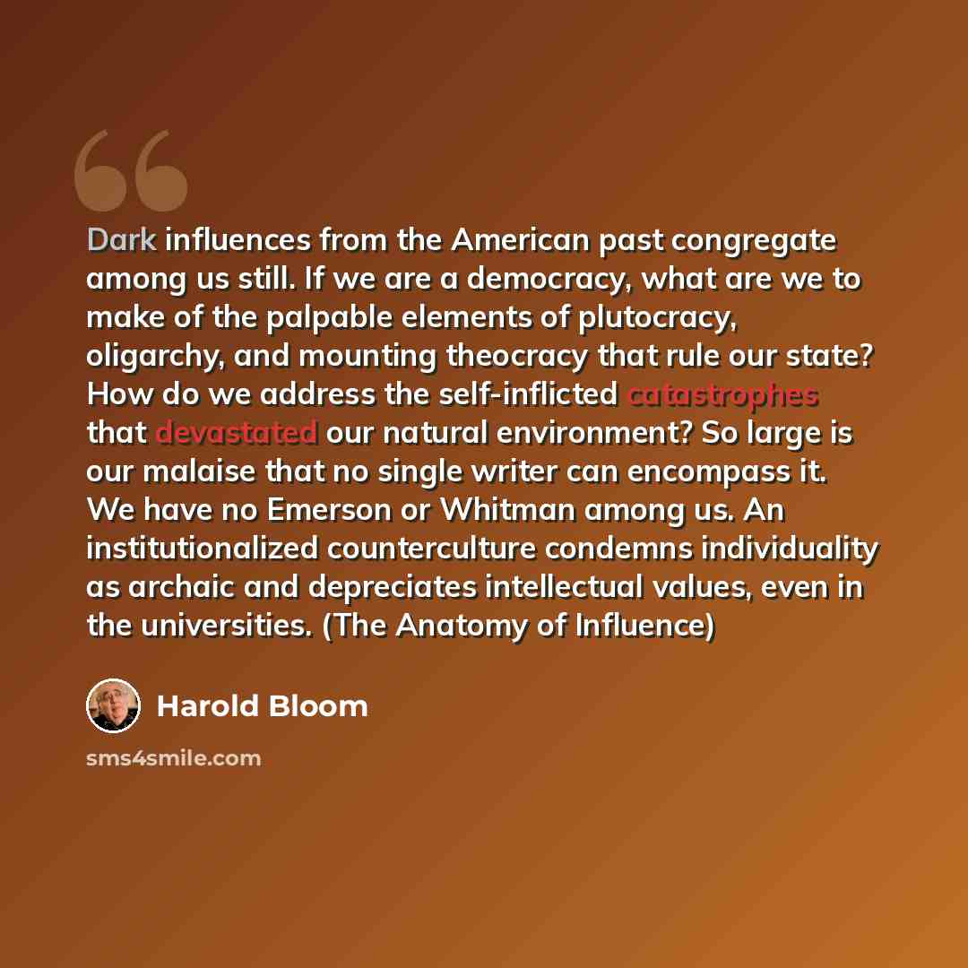 “Dark influences from the American past congregate among us still. If we are a democracy, what are we to make of the palpable elements of plutocracy, oligarchy, and mounting theocracy that rule our state? How do we address the self-inflicted catastrophes that devastated our natural environment? So…” quote by Harold Bloom