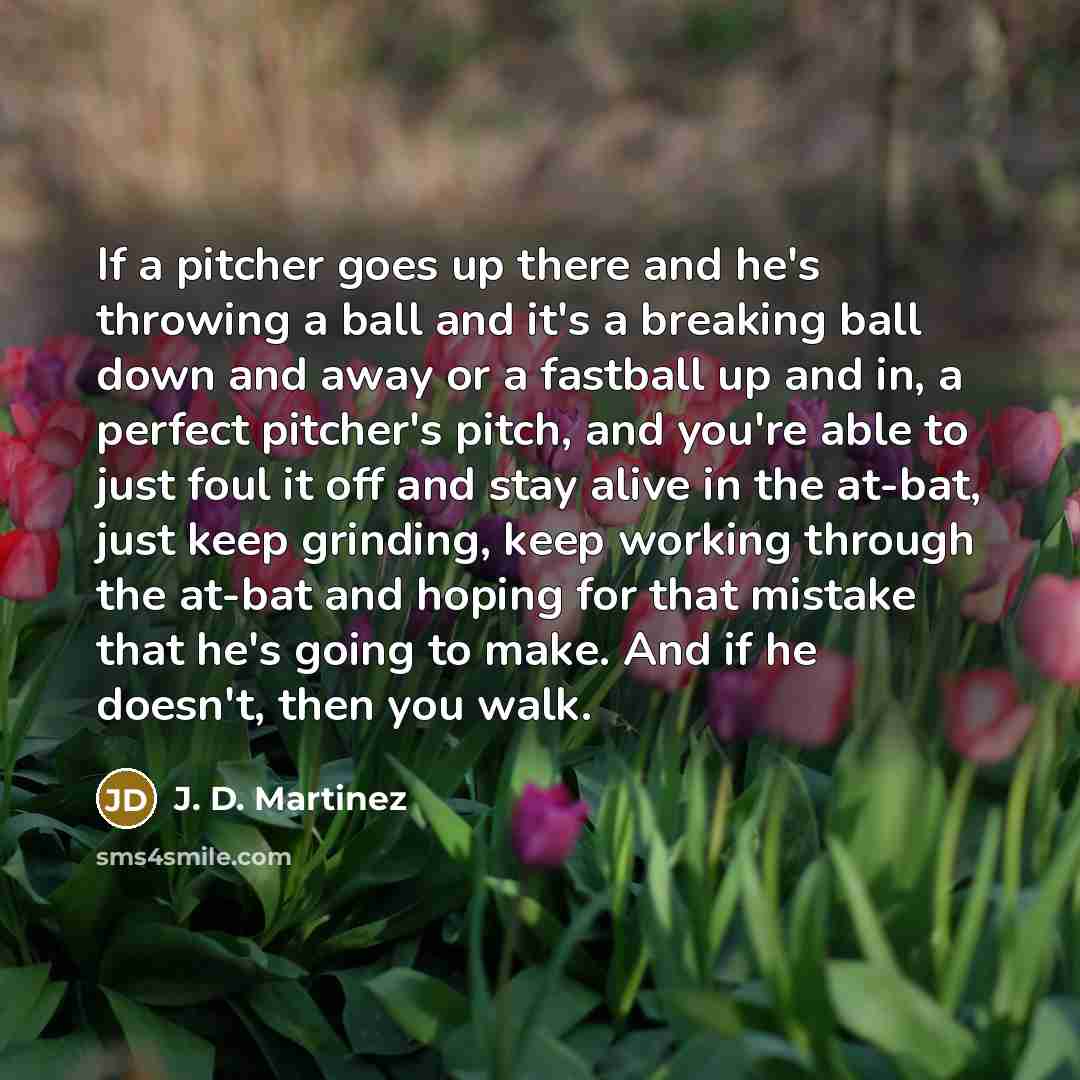“If a pitcher goes up there and he's throwing a ball and it's a breaking ball down and away or a fastball up and in, a perfect pitcher's pitch, and you're able to just foul it off and stay alive in the at-bat, just keep grinding, keep working through the at-bat and hoping for that mistake that he's…” quote by J. D. Martinez