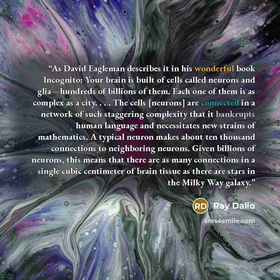 “As David Eagleman describes it in his wonderful book Incognito: Your brain is built of cells called neurons and glia—hundreds of billions of them. Each one of them is as complex as a city. . . . The cells [neurons] are connected in a network of such staggering complexity that it bankrupts human…” quote by Ray Dalio