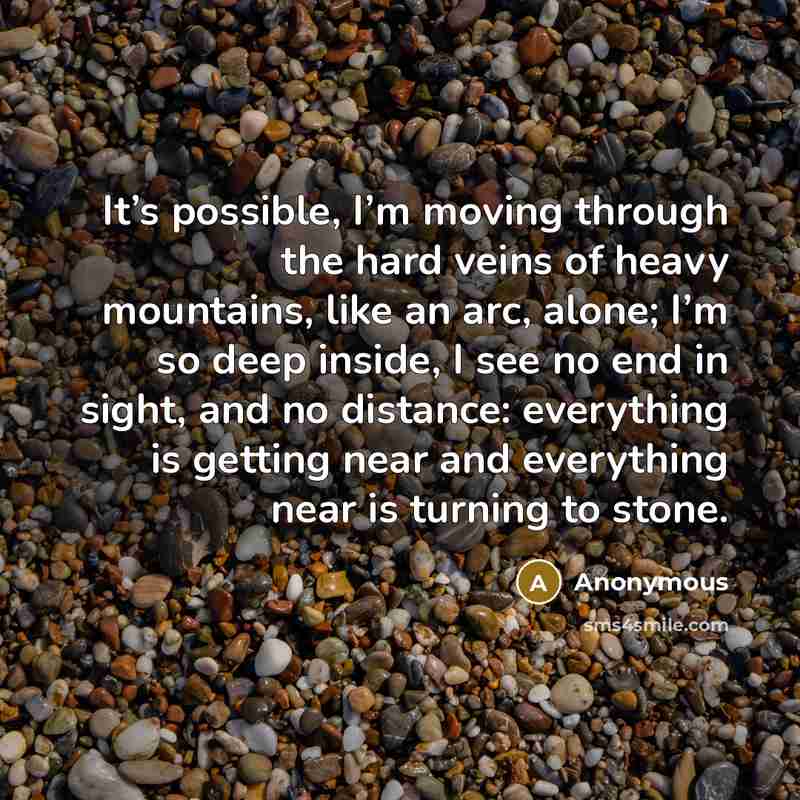 “It’s possible, I’m moving through the hard veins of heavy mountains, like an arc, alone; I’m so deep inside, I see no end in sight, and no distance: everything is getting near and everything near is turning to stone.” quote by Anonymous