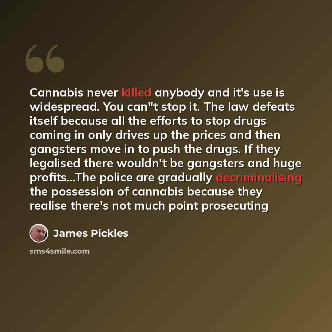 “Cannabis never killed anybody and it's use is widespread. You can"t stop it. The law defeats itself because all the efforts to stop drugs coming in only drives up the prices and then gangsters move in to push the drugs. If they legalised there wouldn't be gangsters and huge profits...The police…” quote by James Pickles