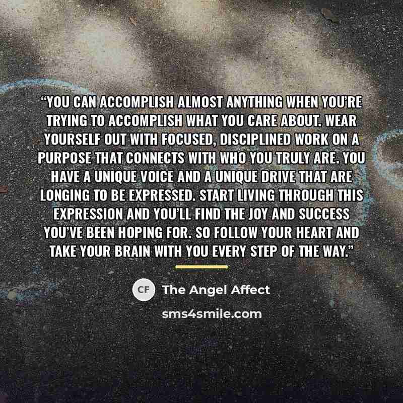 “You can accomplish almost anything when you’re trying to accomplish what you care about. Wear yourself out with focused, disciplined work on a purpose that connects with who you truly are. You have a unique voice and a unique drive that are longing to be expressed. Start living through this…” quote by The Angel Affect