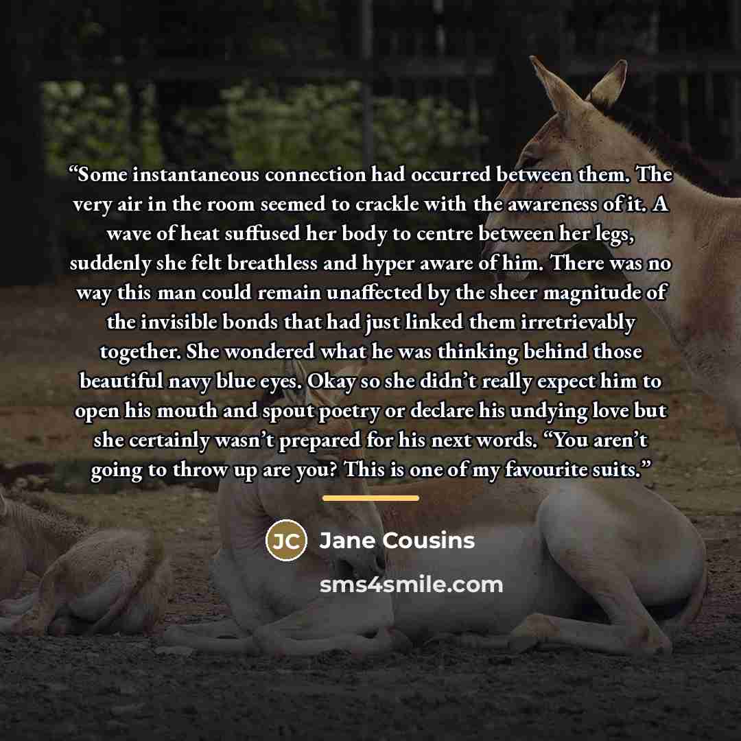 “Some instantaneous connection had occurred between them. The very air in the room seemed to crackle with the awareness of it. A wave of heat suffused her body to centre between her legs, suddenly she felt breathless and hyper aware of him. There was no way this man could remain unaffected by the…” quote by Jane Cousins