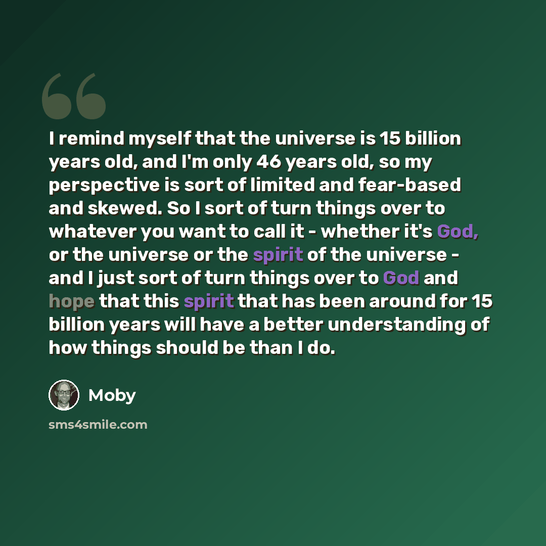 “I remind myself that the universe is 15 billion years old, and I'm only 46 years old, so my perspective is sort of limited and fear-based and skewed. So I sort of turn things over to whatever you want to call it - whether it's God, or the universe or the spirit of the universe - and I just sort of…” quote by Moby