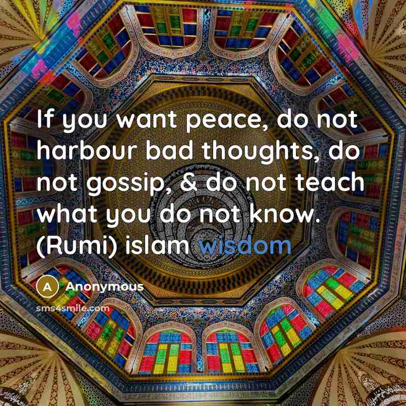 “If you want peace, do not harbour bad thoughts, do not gossip, & do not teach what you do not know. (Rumi) islam wisdom” quote by Anonymous