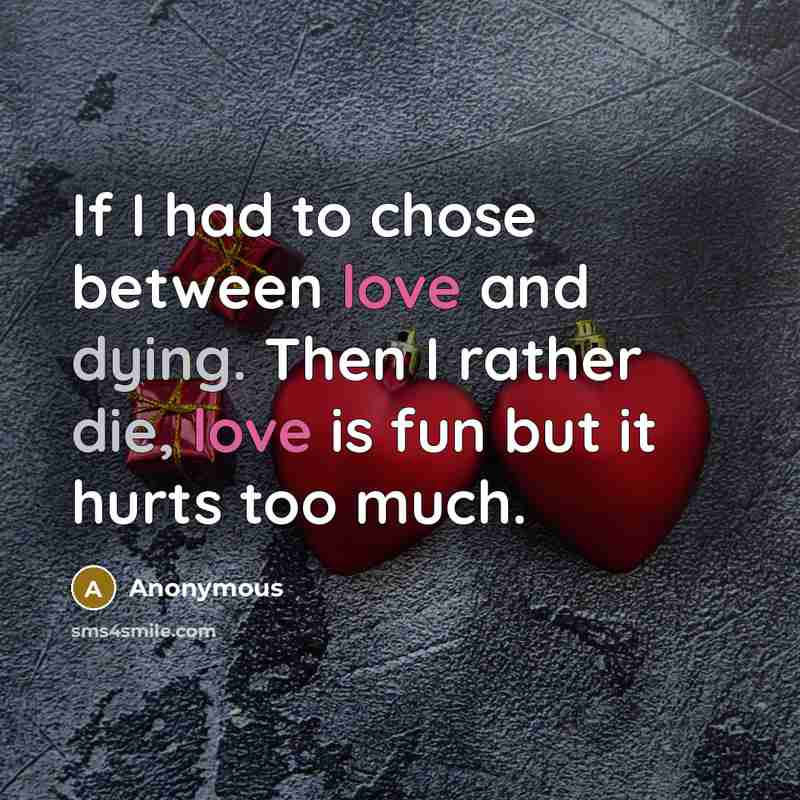 “If I had to chose between love and dying. Then I rather die, love is fun but it hurts too much.” quote by Anonymous