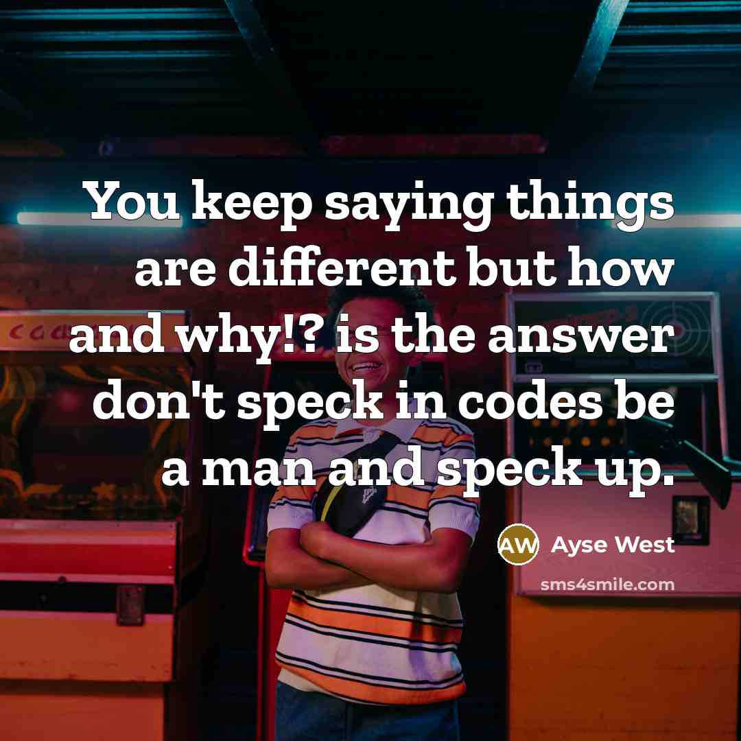 “You keep saying things are different but how and why!? is the answer don't speck in codes be a man and speck up.” quote by Ayse West