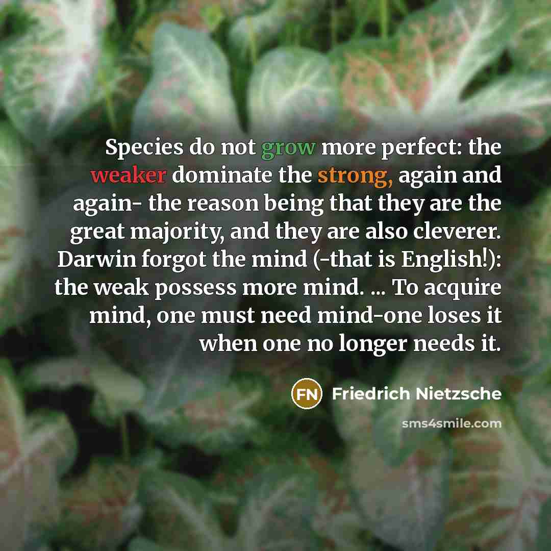 “Species do not grow more perfect: the weaker dominate the strong, again and again- the reason being that they are the great majority, and they are also cleverer. Darwin forgot the mind (-that is English!): the weak possess more mind. ... To acquire mind, one must need mind-one loses it when one no…” quote by Friedrich Nietzsche