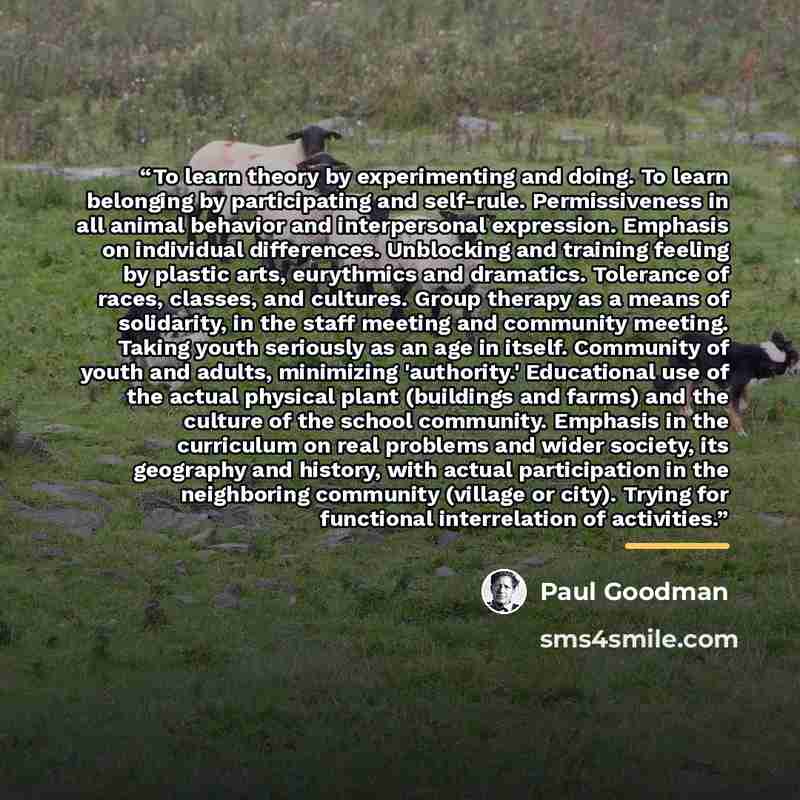“To learn theory by experimenting and doing. To learn belonging by participating and self-rule. Permissiveness in all animal behavior and interpersonal expression. Emphasis on individual differences. Unblocking and training feeling by plastic arts, eurythmics and dramatics. Tolerance of races…” quote by Paul Goodman