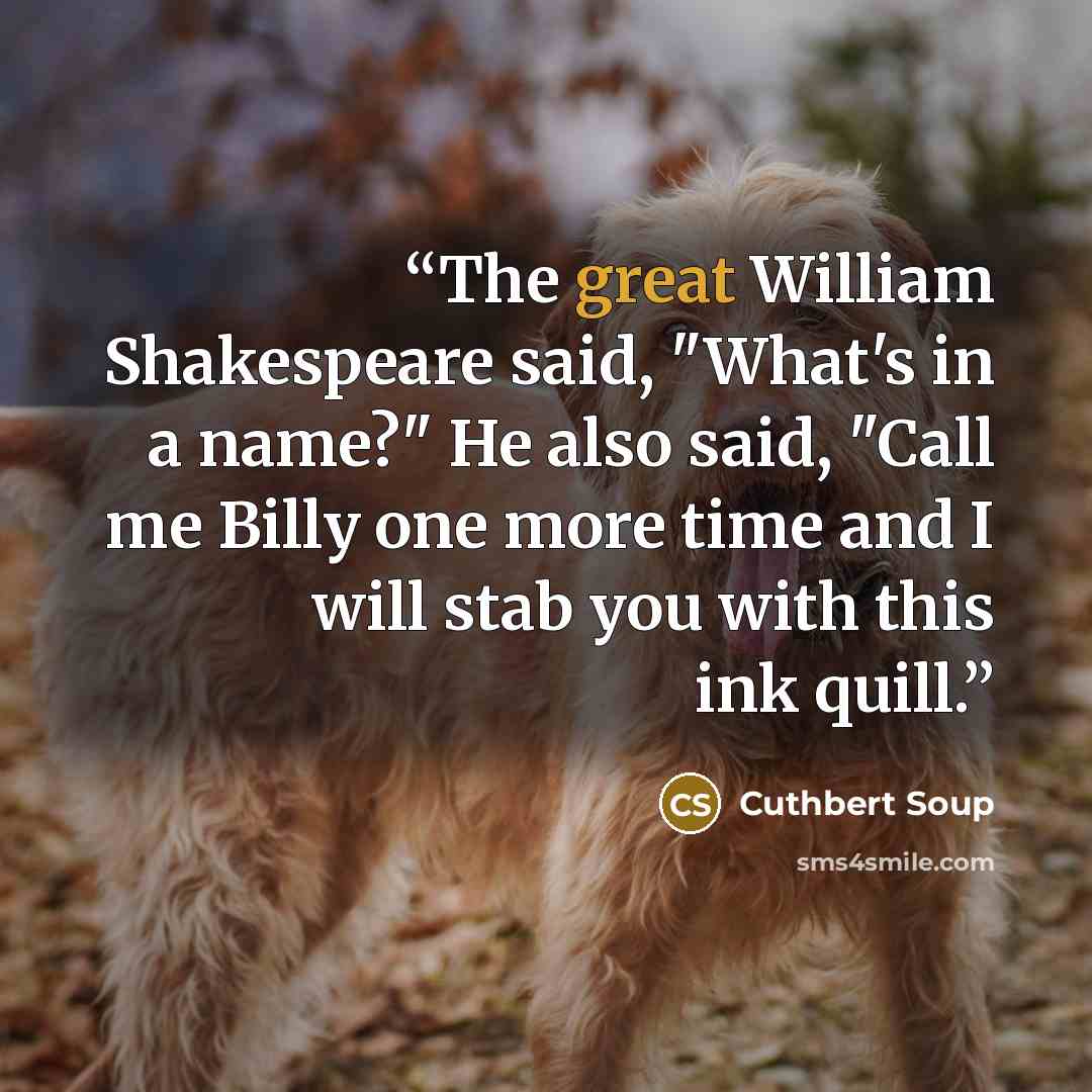 “The great William Shakespeare said, "What's in a name?" He also said, "Call me Billy one more time and I will stab you with this ink quill.” quote by Cuthbert Soup