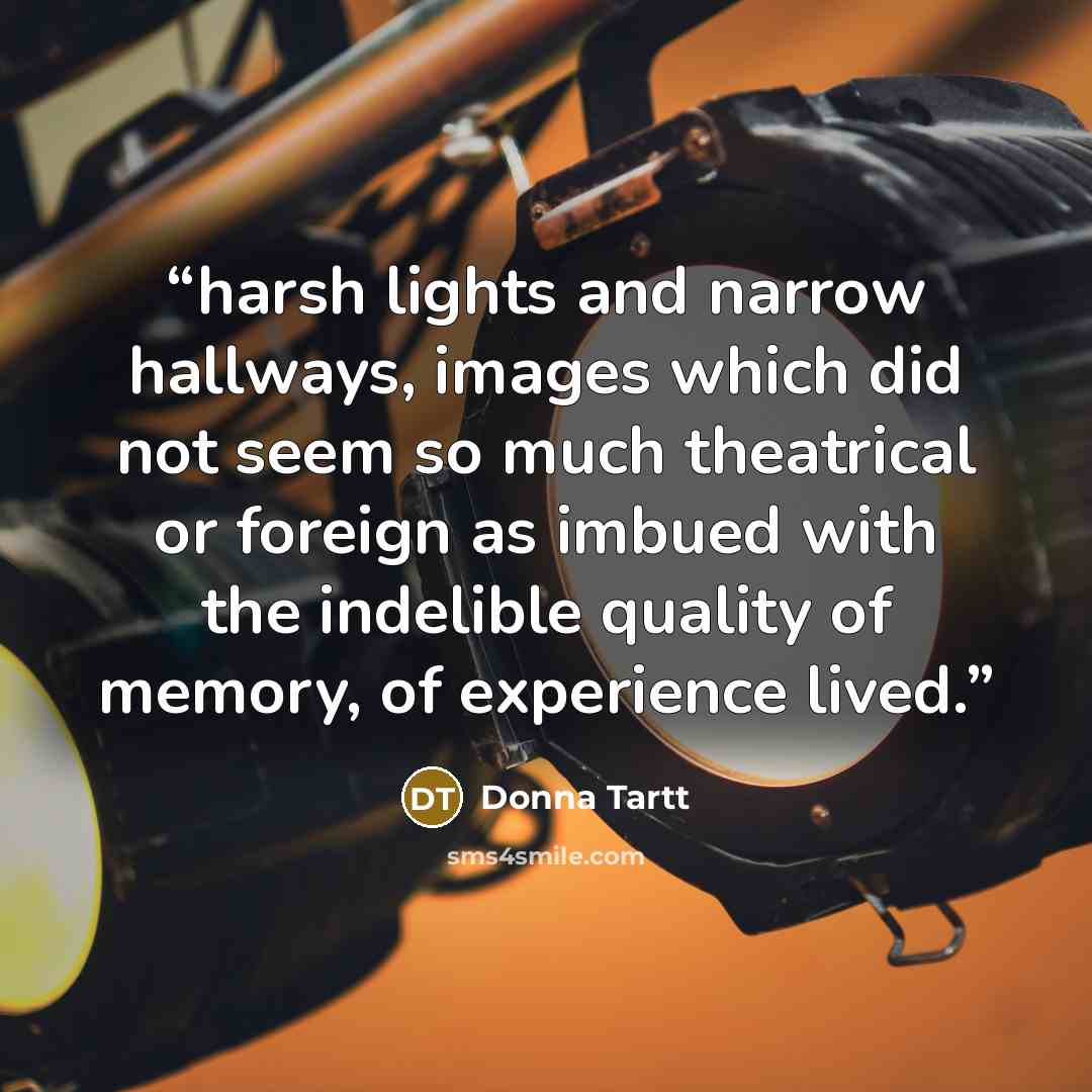 “harsh lights and narrow hallways, images which did not seem so much theatrical or foreign as imbued with the indelible quality of memory, of experience lived.” quote by Donna Tartt