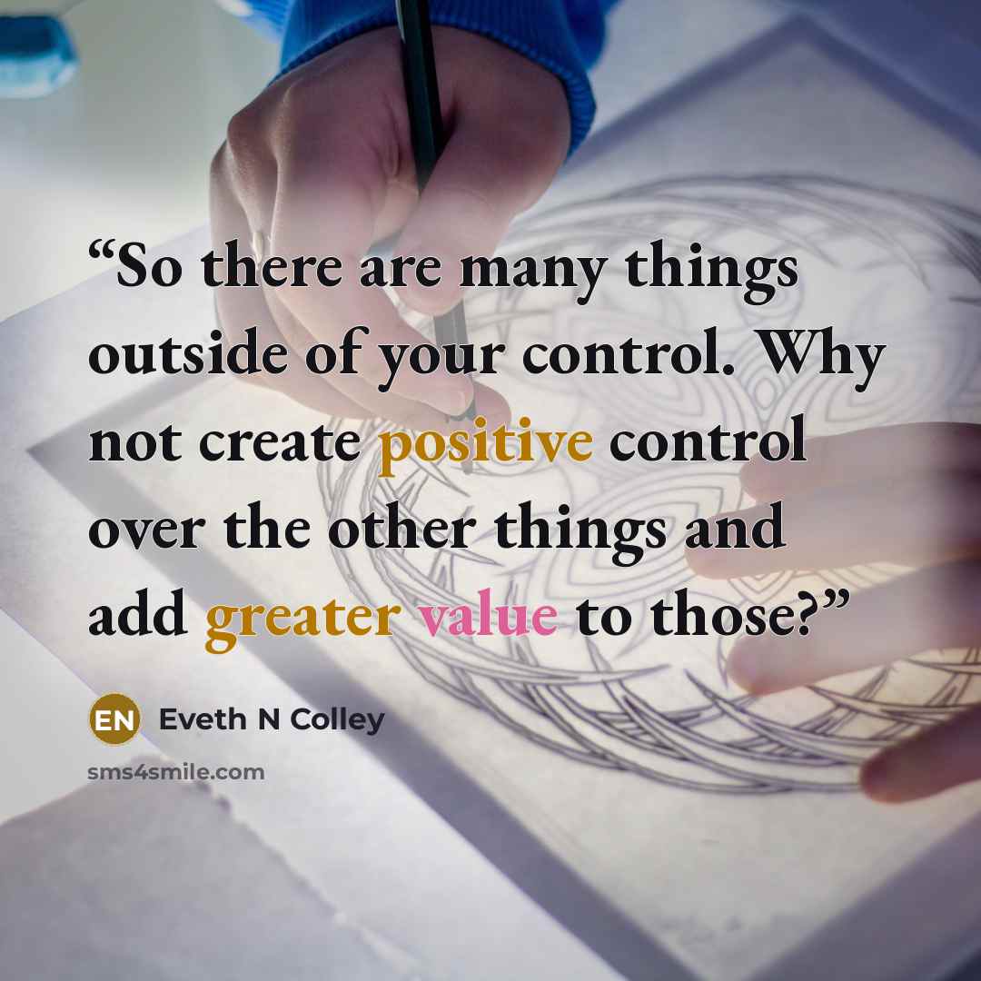 “So there are many things outside of your control. Why not create positive control over the other things and add greater value to those?” quote by Eveth N Colley