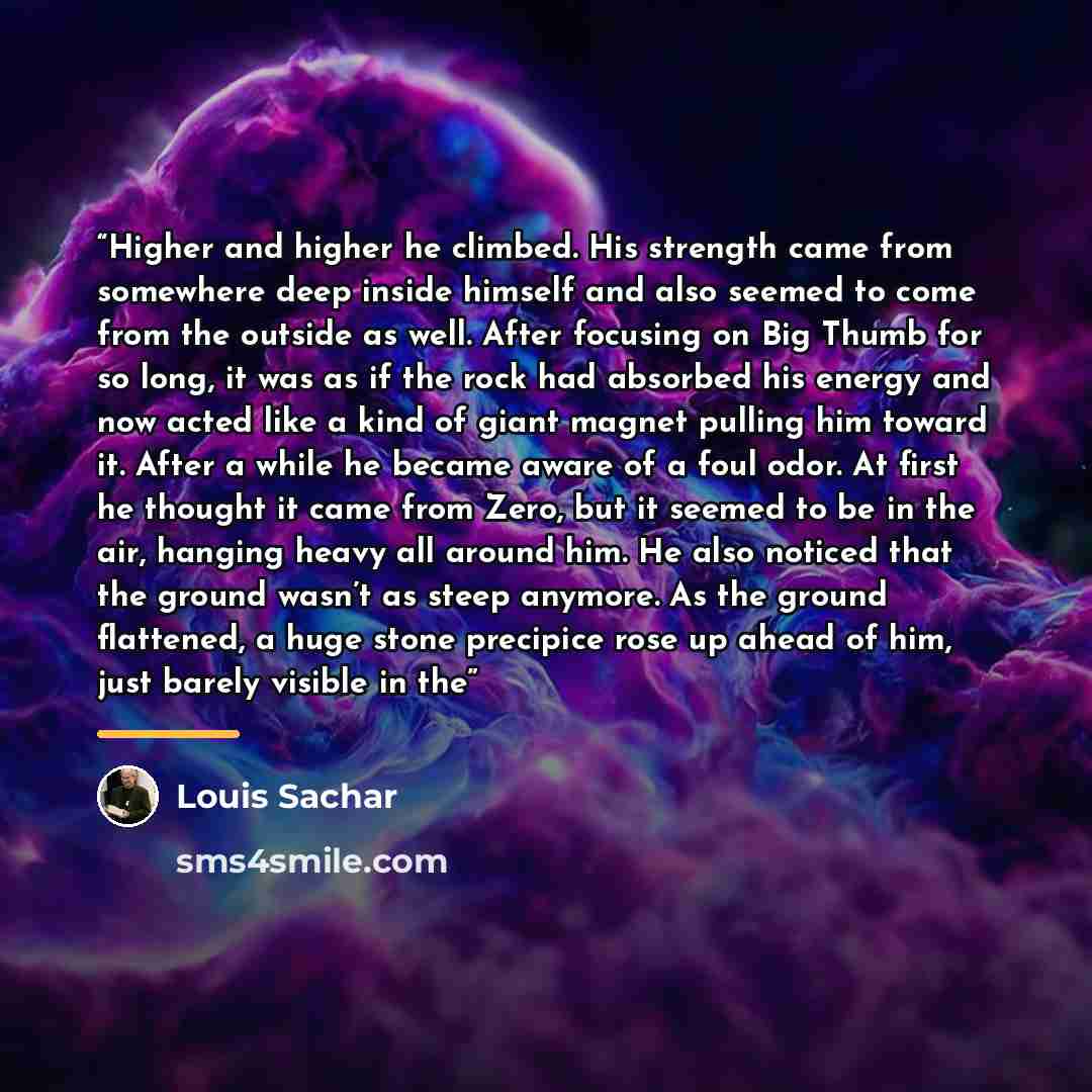 “Higher and higher he climbed. His strength came from somewhere deep inside himself and also seemed to come from the outside as well. After focusing on Big Thumb for so long, it was as if the rock had absorbed his energy and now acted like a kind of giant magnet pulling him toward it. After a while…” quote by Louis Sachar