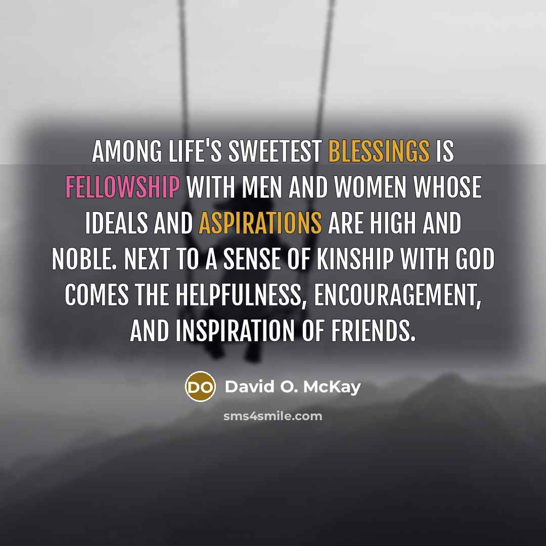 “Among life's sweetest blessings is fellowship with men and women whose ideals and aspirations are high and noble. Next to a sense of kinship with God comes the helpfulness, encouragement, and inspiration of friends.” quote by David O. McKay
