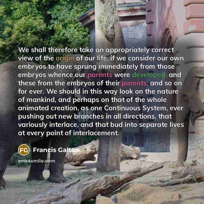 “We shall therefore take an appropriately correct view of the origin of our life, if we consider our own embryos to have sprung immediately from those embryos whence our parents were developed, and these from the embryos of their parents, and so on for ever. We should in this way look on the nature…” quote by Francis Galton