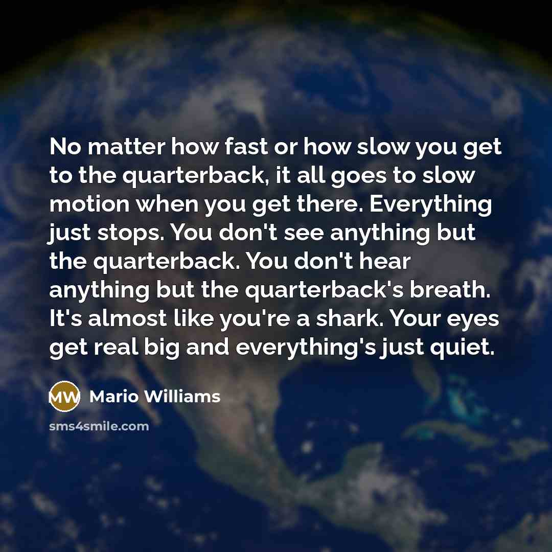“No matter how fast or how slow you get to the quarterback, it all goes to slow motion when you get there. Everything just stops. You don't see anything but the quarterback. You don't hear anything but the quarterback's breath. It's almost like you're a shark. Your eyes get real big and…” quote by Mario Williams