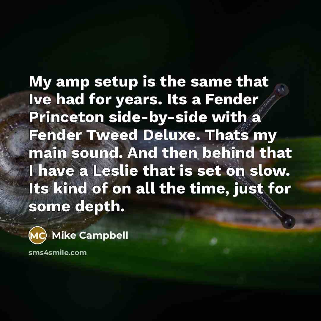 “My amp setup is the same that Ive had for years. Its a Fender Princeton side-by-side with a Fender Tweed Deluxe. Thats my main sound. And then behind that I have a Leslie that is set on slow. Its kind of on all the time, just for some depth.” quote by Mike Campbell
