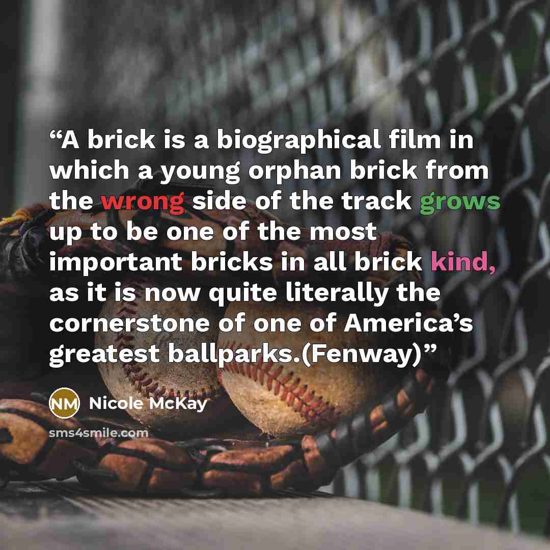 “A brick is a biographical film in which a young orphan brick from the wrong side of the track grows up to be one of the most important bricks in all brick kind, as it is now quite literally the cornerstone of one of America’s greatest ballparks.(Fenway)” quote by Nicole McKay