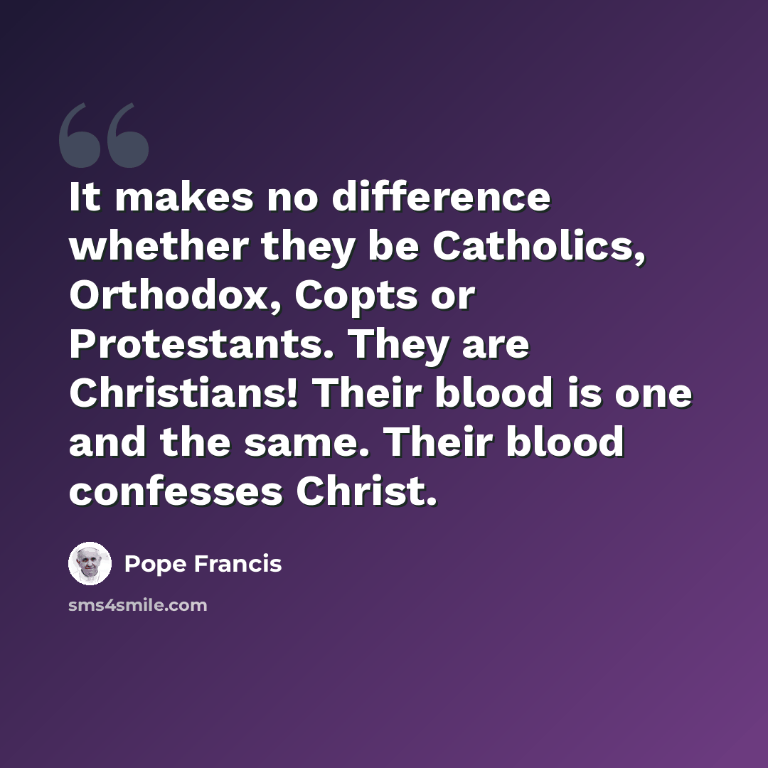 “It makes no difference whether they be Catholics, Orthodox, Copts or Protestants. They are Christians! Their blood is one and the same. Their blood confesses Christ.” quote by Pope Francis