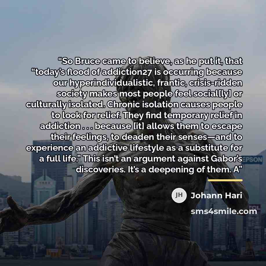 “So Bruce came to believe, as he put it, that “today’s flood of addiction27 is occurring because our hyperindividualistic, frantic, crisis-ridden society makes most people feel social[ly] or culturally isolated. Chronic isolation causes people to look for relief. They find temporary relief in…” quote by Johann Hari