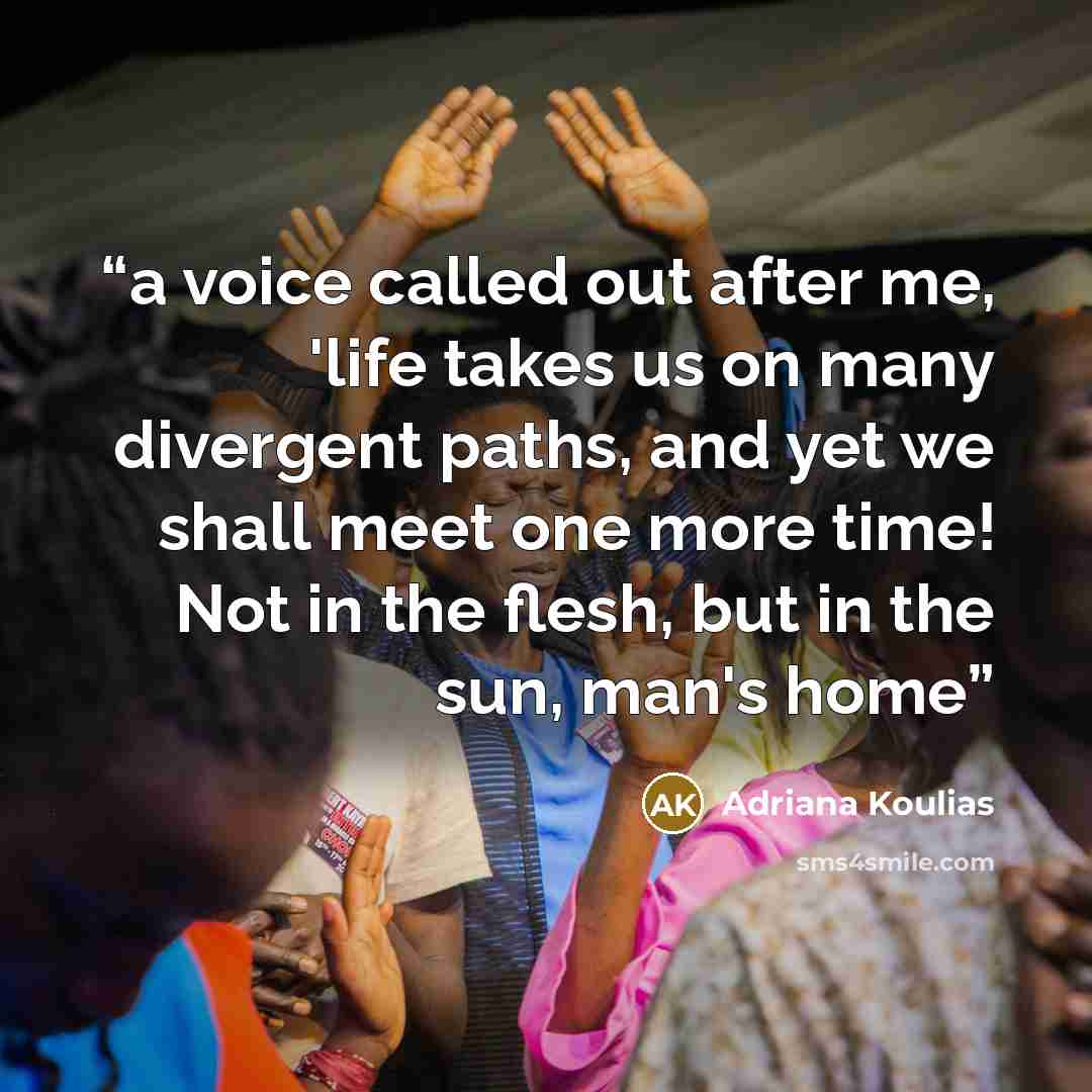 “a voice called out after me, 'life takes us on many divergent paths, and yet we shall meet one more time! Not in the flesh, but in the sun, man's home” quote by Adriana Koulias