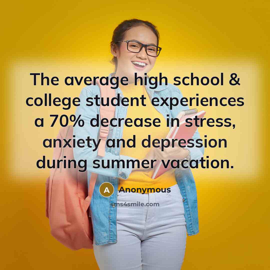 “The average high school & college student experiences a 70% decrease in stress, anxiety and depression during summer vacation.” quote by Anonymous