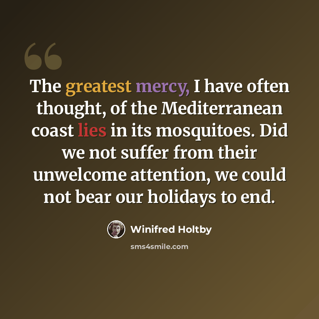 “The greatest mercy, I have often thought, of the Mediterranean coast lies in its mosquitoes. Did we not suffer from their unwelcome attention, we could not bear our holidays to end.” quote by Winifred Holtby