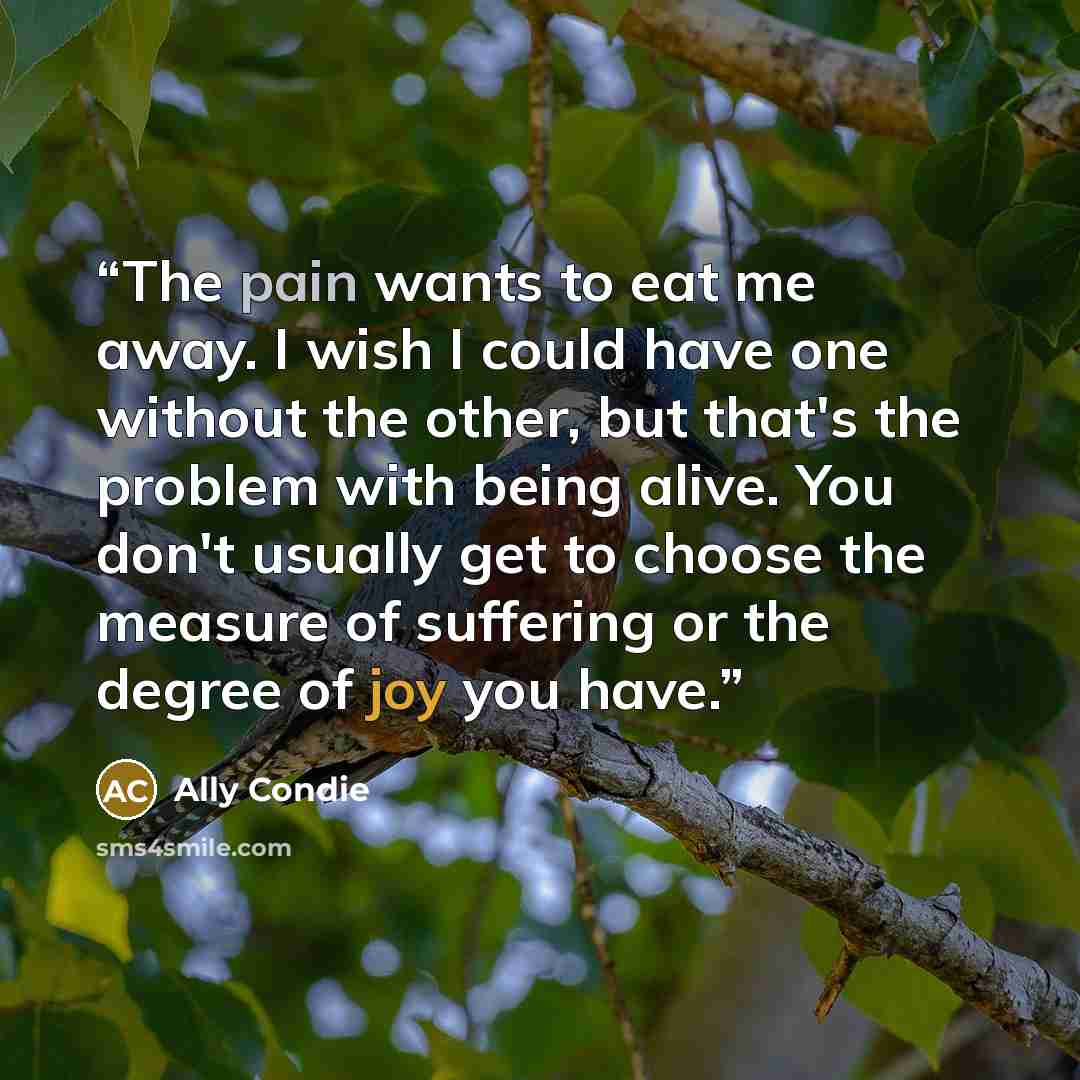 “The pain wants to eat me away. I wish I could have one without the other, but that's the problem with being alive. You don't usually get to choose the measure of suffering or the degree of joy you have.” quote by Ally Condie