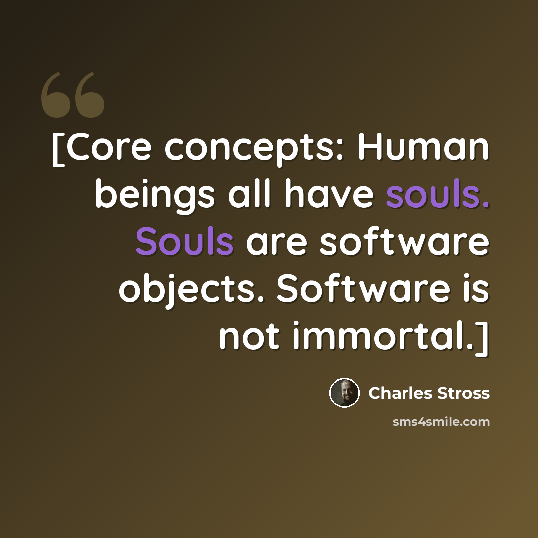 “[Core concepts: Human beings all have souls. Souls are software objects. Software is not immortal.]” quote by Charles Stross