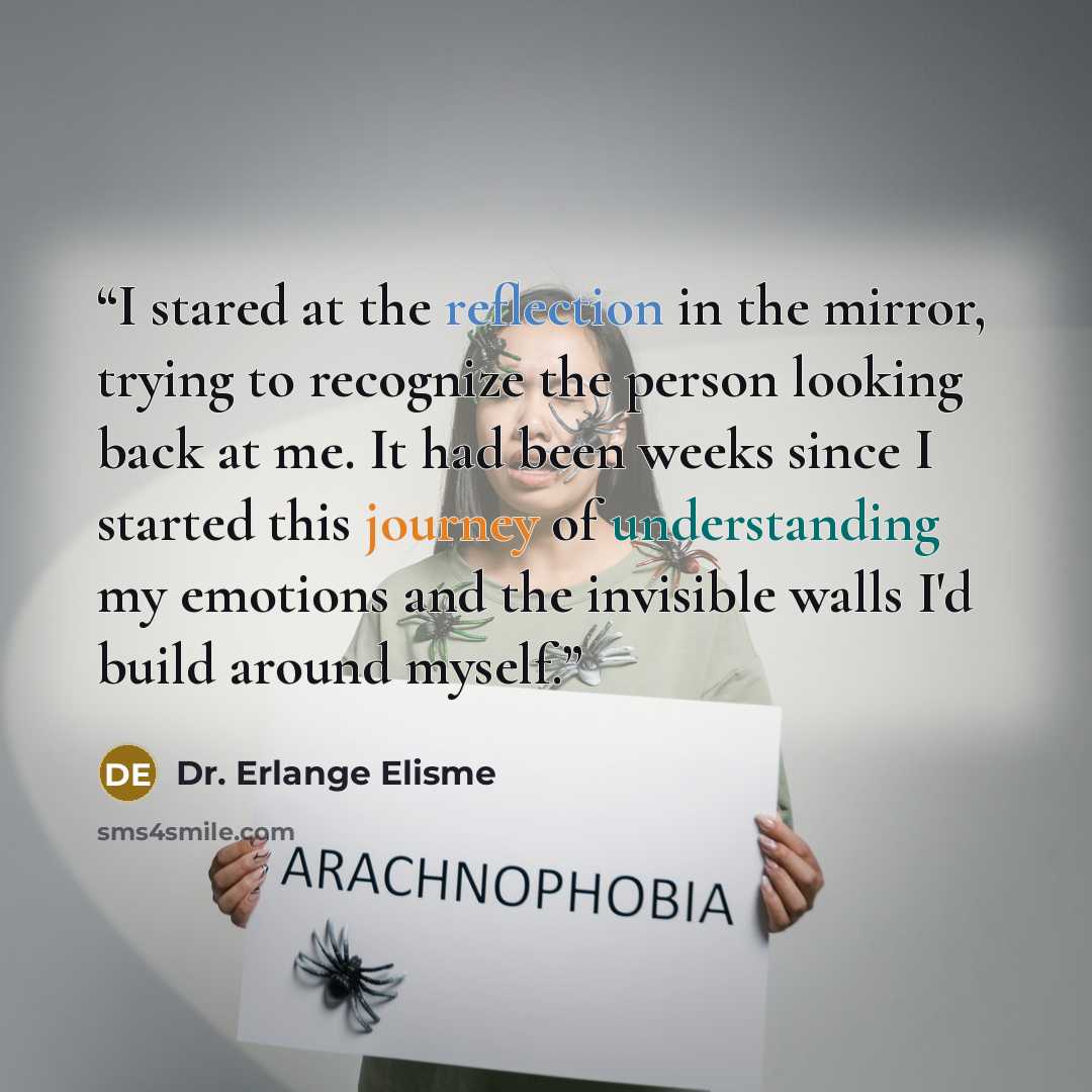 “I stared at the reflection in the mirror, trying to recognize the person looking back at me. It had been weeks since I started this journey of understanding my emotions and the invisible walls I'd build around myself.” quote by Dr. Erlange Elisme