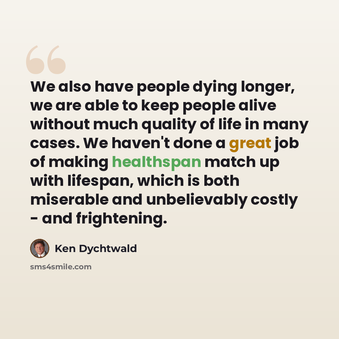 “We also have people dying longer, we are able to keep people alive without much quality of life in many cases. We haven't done a great job of making healthspan match up with lifespan, which is both miserable and unbelievably costly - and frightening.” quote by Ken Dychtwald