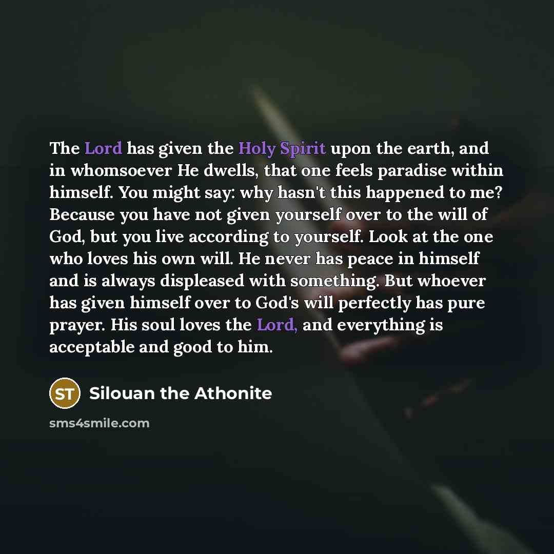 “The Lord has given the Holy Spirit upon the earth, and in whomsoever He dwells, that one feels paradise within himself. You might say: why hasn't this happened to me? Because you have not given yourself over to the will of God, but you live according to yourself. Look at the one who loves his own…” quote by Silouan the Athonite