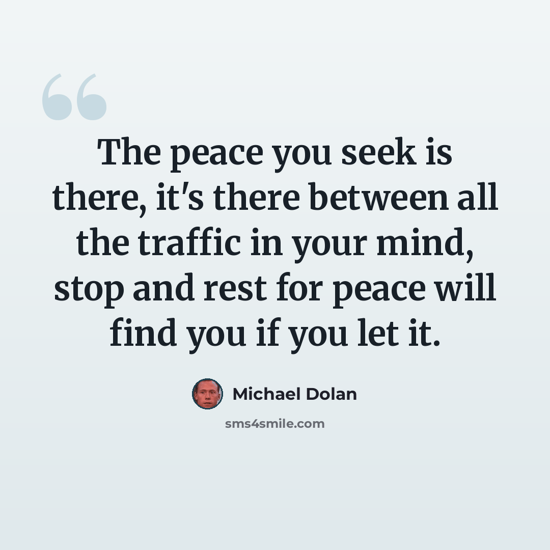 “The peace you seek is there, it's there between all the traffic in your mind, stop and rest for peace will find you if you let it.” quote by Michael Dolan
