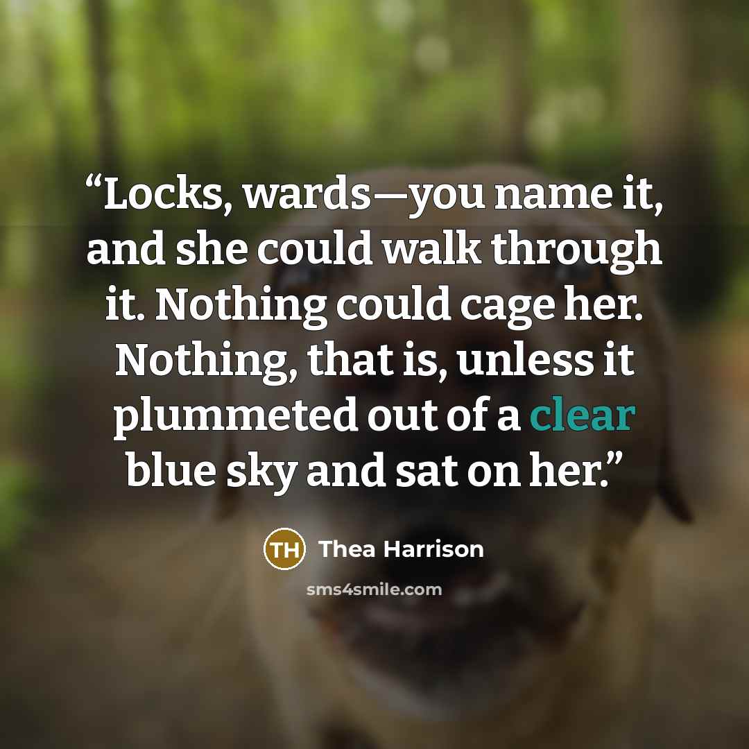 “Locks, wards—you name it, and she could walk through it. Nothing could cage her. Nothing, that is, unless it plummeted out of a clear blue sky and sat on her.” quote by Thea Harrison