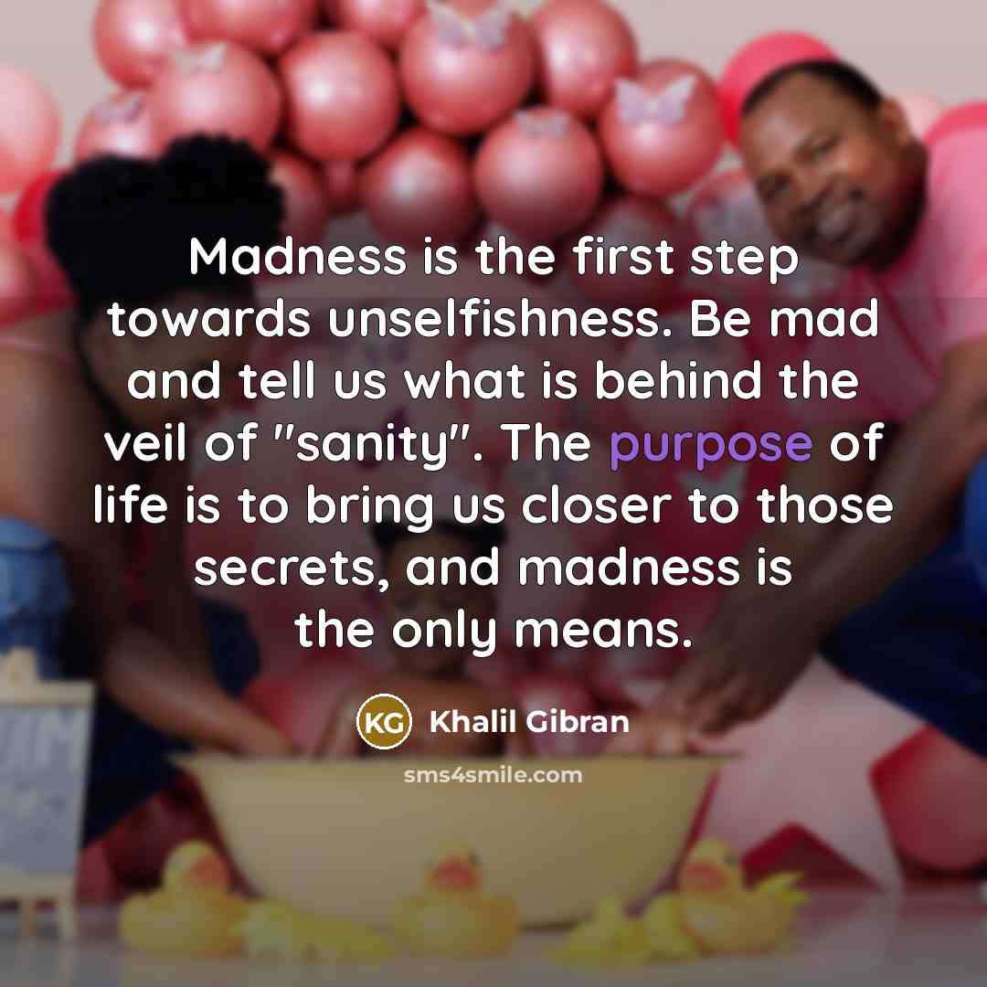 “Madness is the first step towards unselfishness. Be mad and tell us what is behind the veil of "sanity". The purpose of life is to bring us closer to those secrets, and madness is the only means.” quote by Khalil Gibran