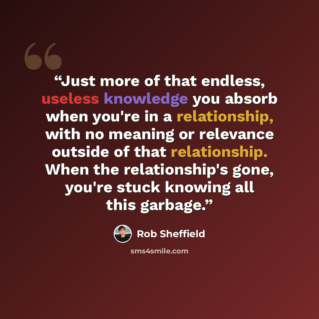 “Just more of that endless, useless knowledge you absorb when you're in a relationship, with no meaning or relevance outside of that relationship. When the relationship's gone, you're stuck knowing all this garbage.” quote by Rob Sheffield