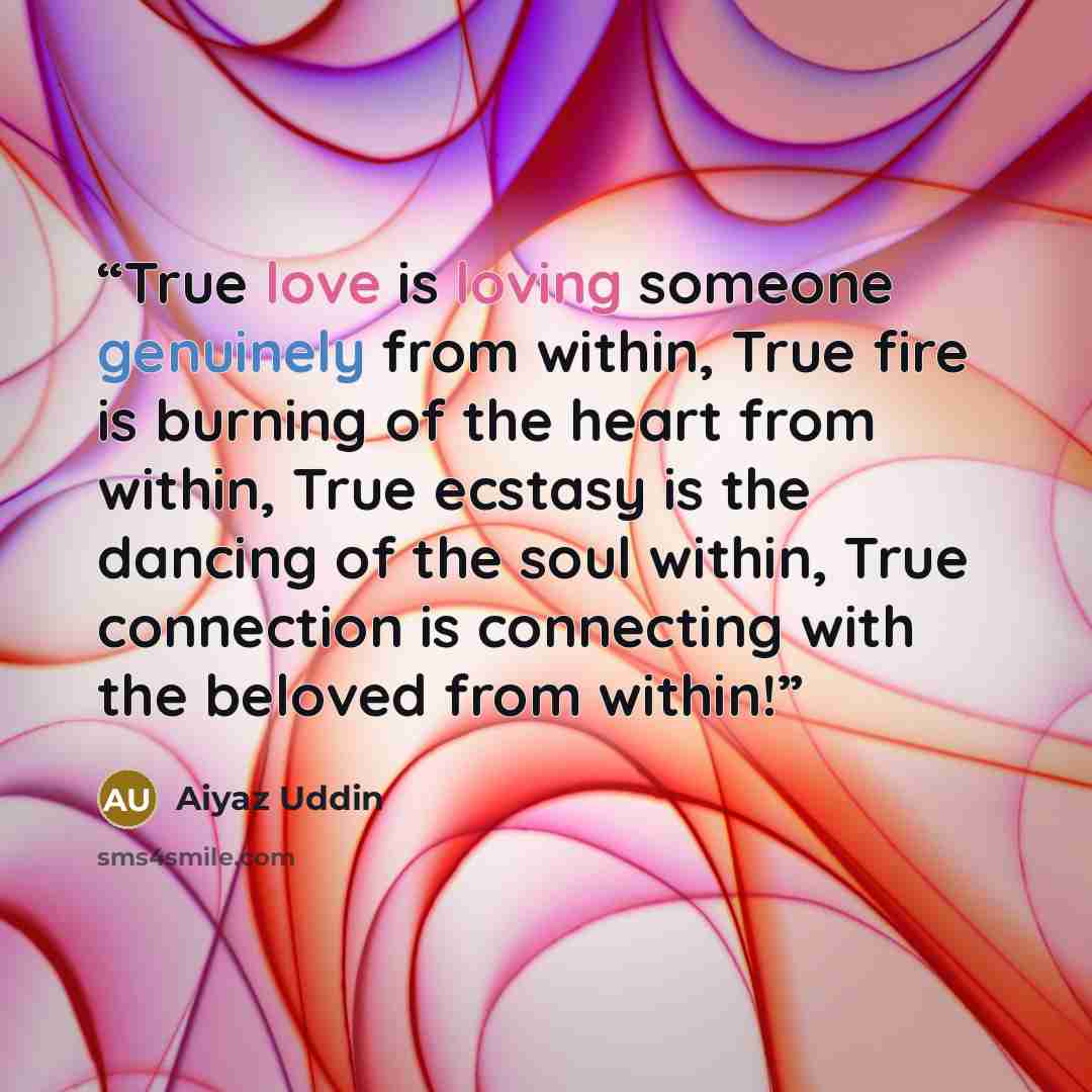 “True love is loving someone genuinely from within, True fire is burning of the heart from within, True ecstasy is the dancing of the soul within, True connection is connecting with the beloved from within!” quote by Aiyaz Uddin
